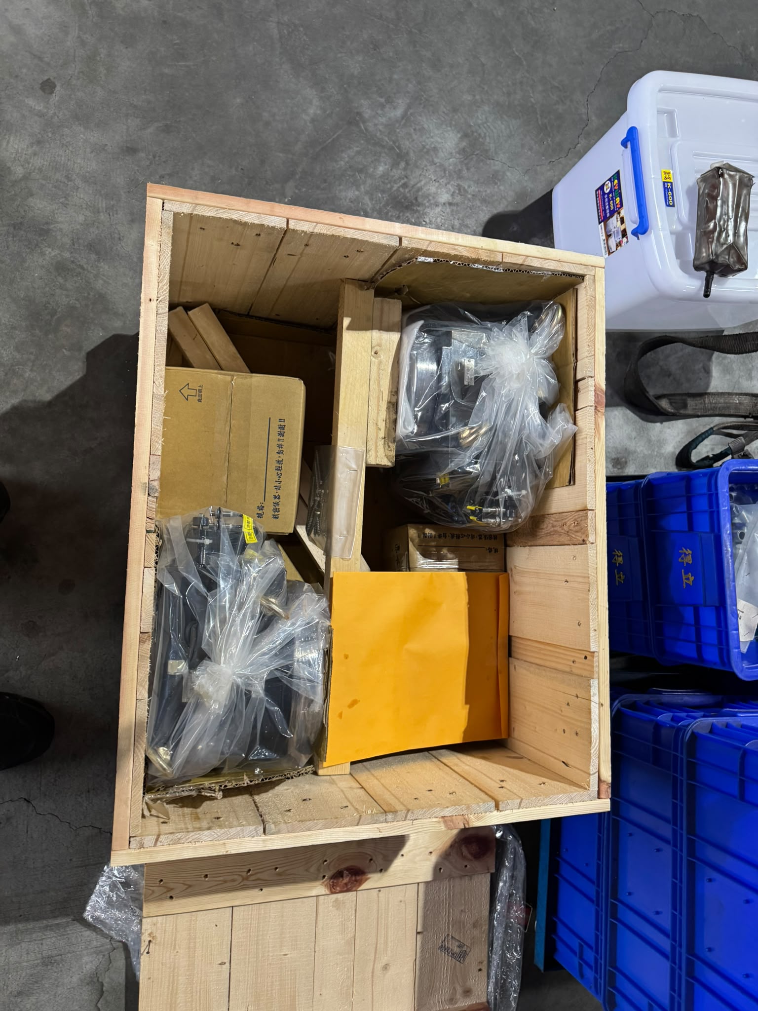 Rotary tables prepared in a wooden shipping crate